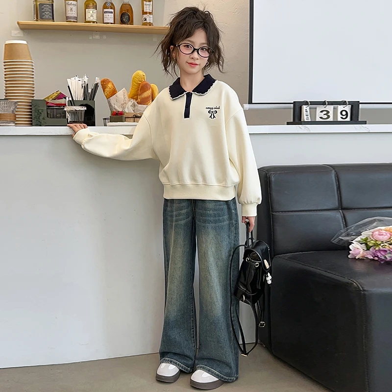 女童秋装套装2024新款爆款中大童网红洋气春秋POLO衫牛仔裤两件套