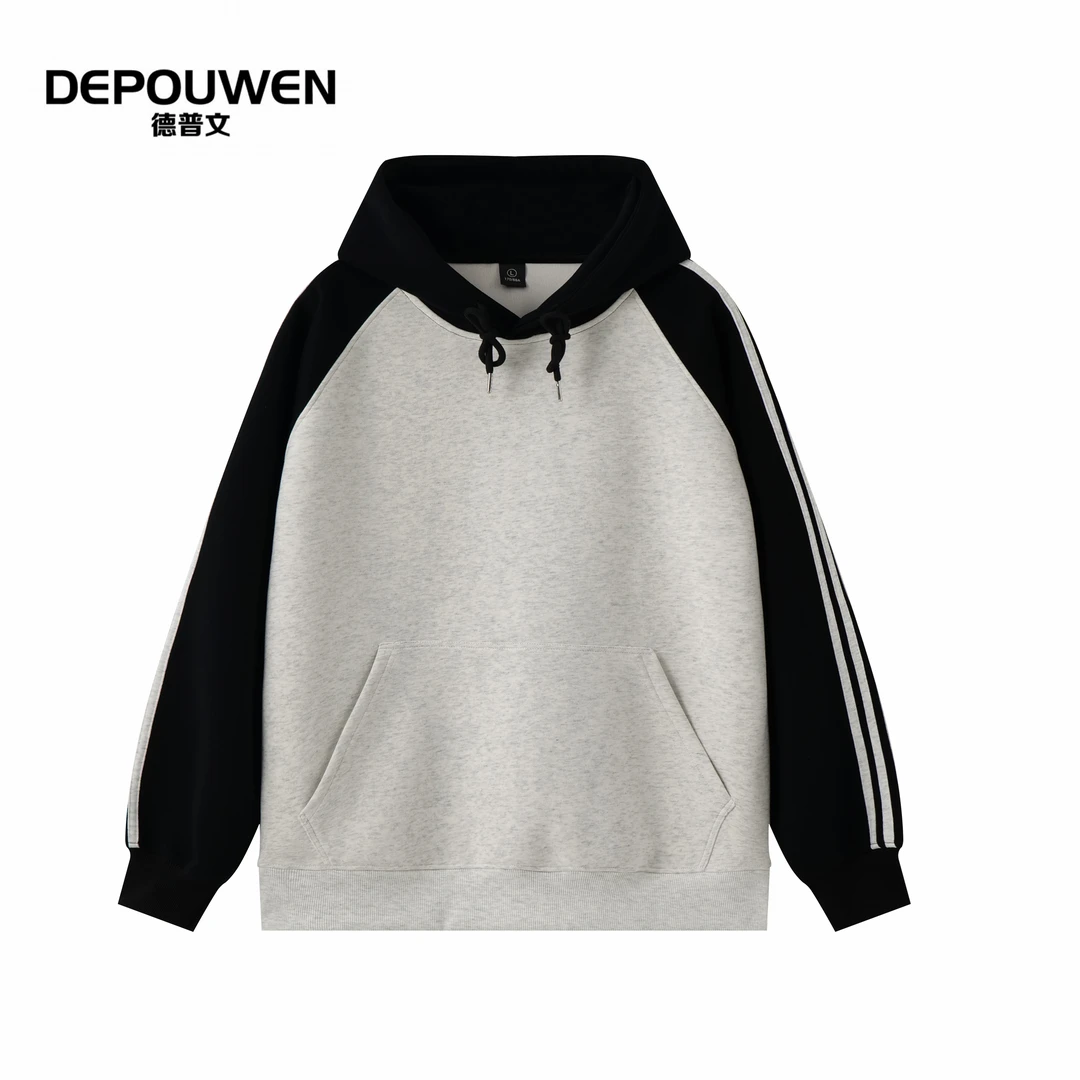 DEPOUWEN休闲百搭潮流重磅拼色连帽衫卫衣男女潮牌情侣宽松外套