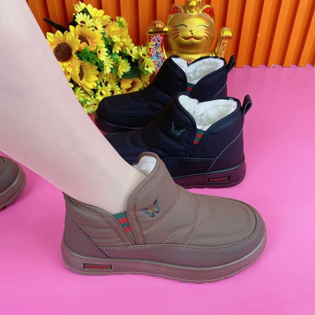 2024新款老北京软皮面女棉鞋厚底雪地靴冬季一脚蹬加绒保暖妈妈鞋