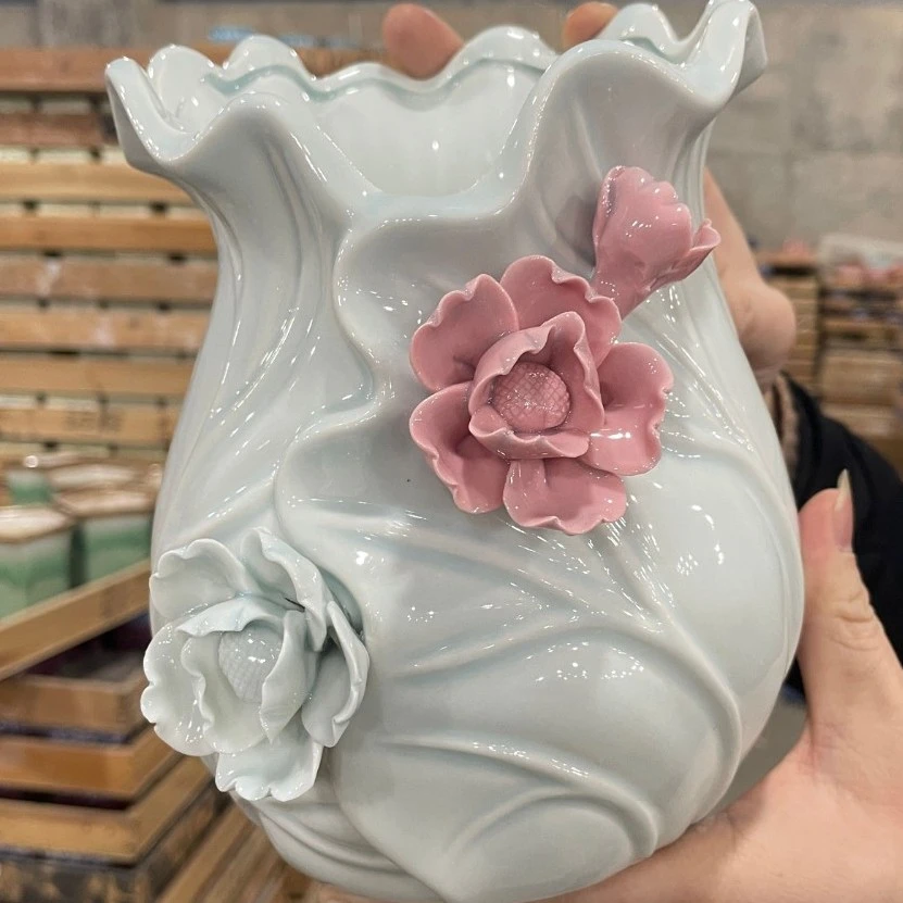 【直播专享】手工制作拈花白菜花盆客厅摆件花盆老庄法师青花瓷盆