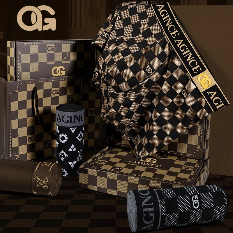 男士棋盘格宽松舒适莫代尔棉质裤头潮流中腰短裤3条礼盒装休闲