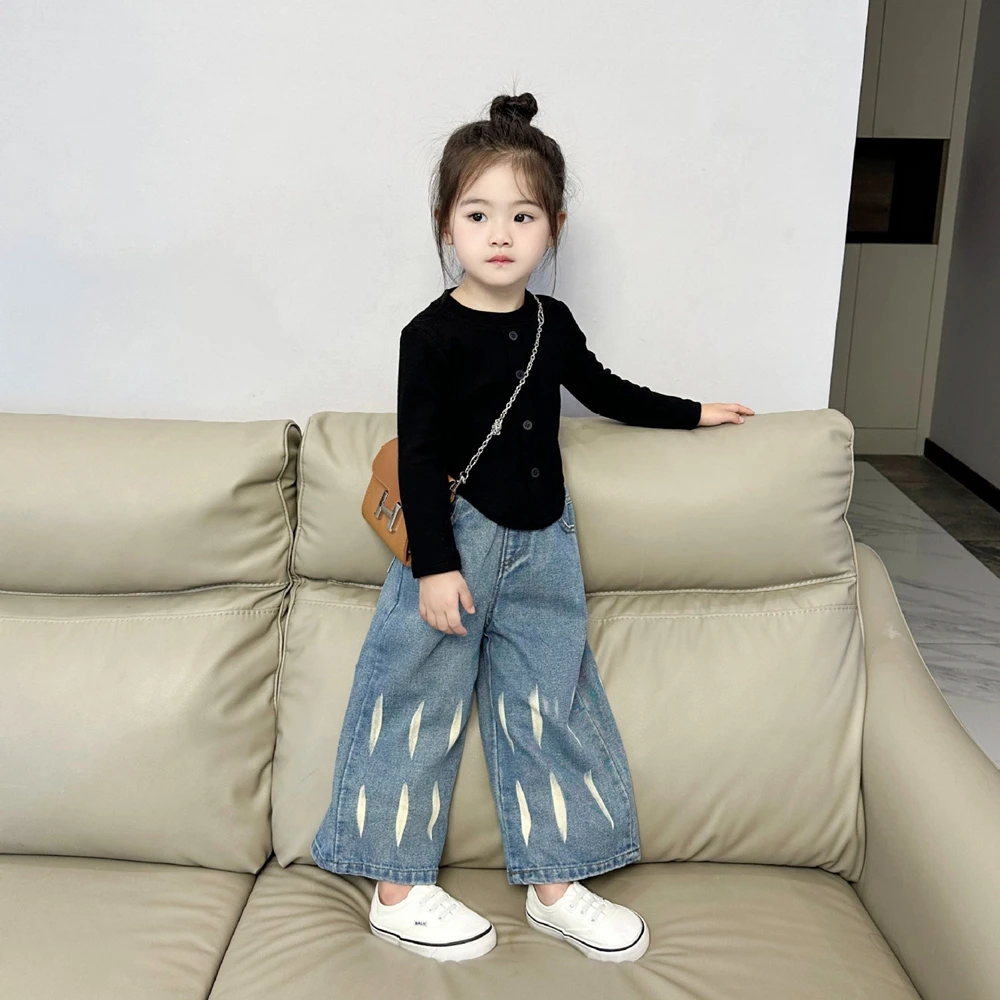 现货圆子家 女童春秋款儿童牛仔裤宝宝阔腿长裤长袖t恤套装