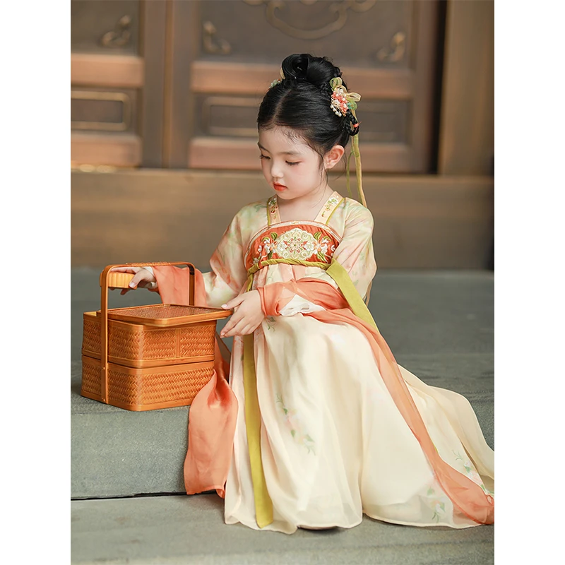 【橙花】汉服女童2023新款春秋季裙子中国风连衣裙女宝古风超仙襦裙
