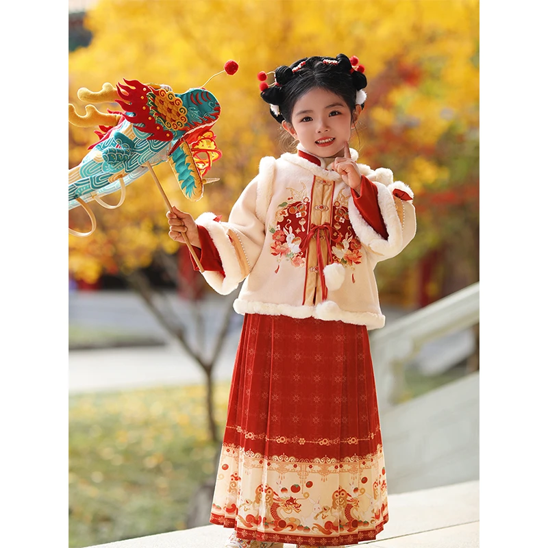 汉服女童拜年服加绒国风马面裙女宝过年衣服