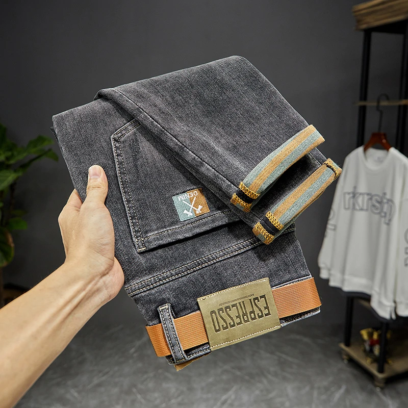 狠道烟灰色牛仔裤男潮牌修身刺绣弹力小脚裤高端百搭休闲男士长裤