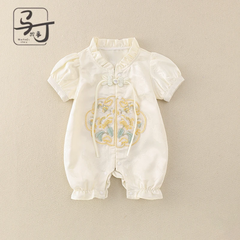 婴儿衣服夏装连体衣2024新款女宝宝中式哈衣满月百天周岁礼服外出