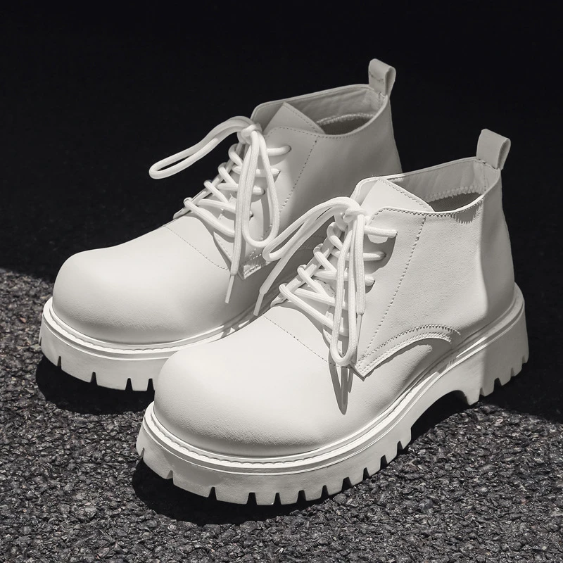 马丁靴男款中帮大头皮鞋厚底白色短靴英伦潮男工装靴子-J