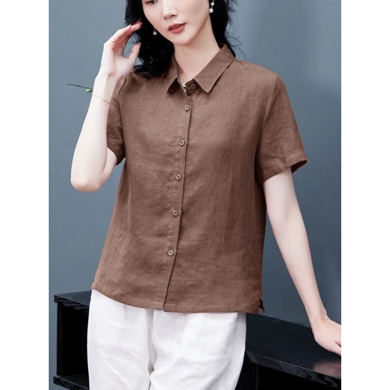 2024年新款夏季时尚简约文艺衬衫休闲百搭短袖衬衣女春夏短款上衣