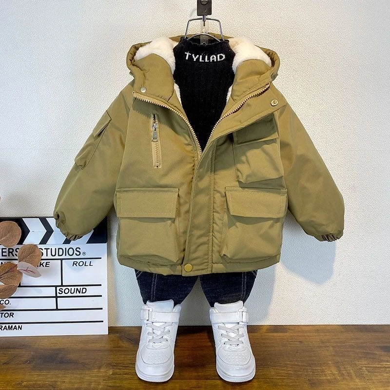 童装中大童冬款棉服外套2023新款儿童加绒加厚连帽棉服保暖棉上衣