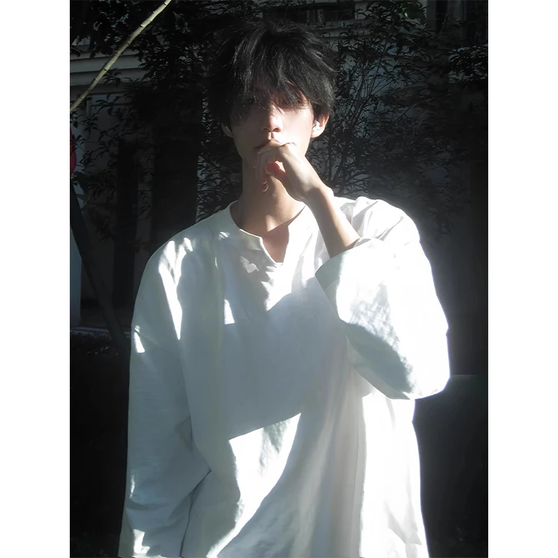 纯白色肌理感长袖t恤男款春秋季少年感穿搭卫衣正肩显瘦V领打底衫