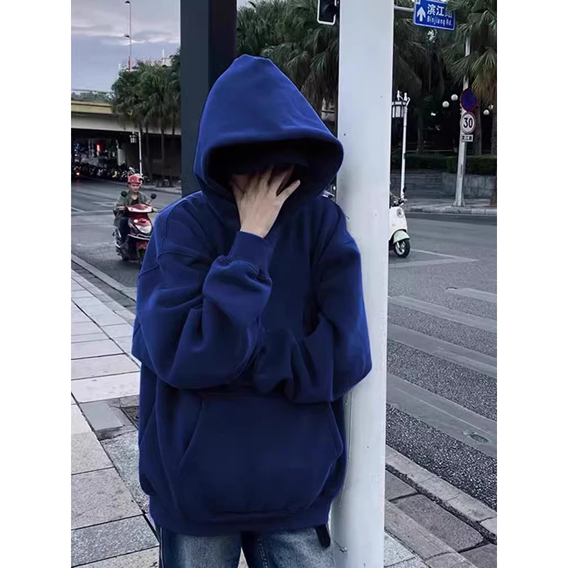 藏蓝色重磅卫衣男连帽春季潮牌硬挺外套oversize美式cleanfit帽衫