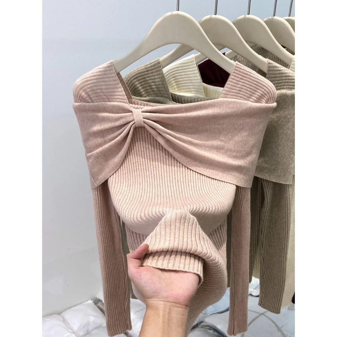 一字肩长袖针织打底衫女2024秋冬新款高级感毛衣修身显瘦内搭上衣