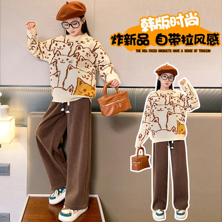 女童毛衣秋冬款2023新款洋气女孩宽松休闲中大儿童厚圆领针织衫