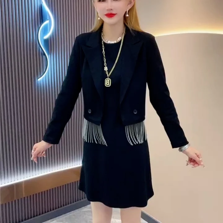 时尚百搭气质套装裙女2023新款短款流苏西装上衣无袖连衣裙两件套