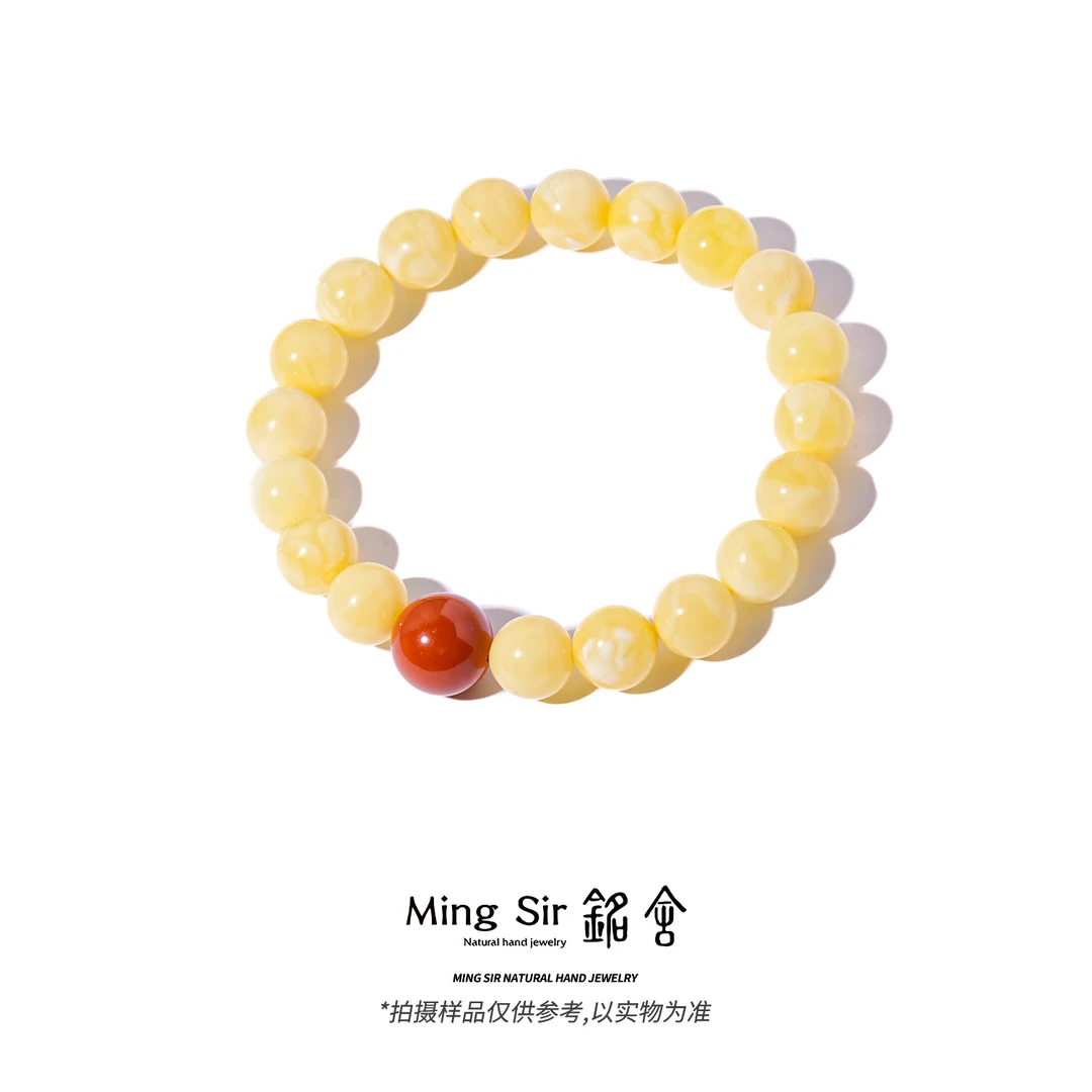 【铭舍 初见·相思】天然俄料蜜蜡手串浓蜡奶白圆珠单圈南红设计款