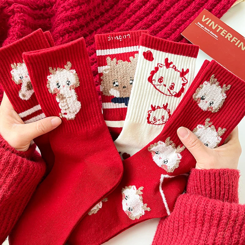 大红色袜子女童本命年龙年中筒棉袜秋冬季属龙可爱圣诞袜新年长袜