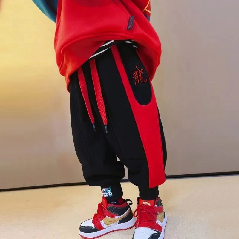 儿童过年裤子龙年拜年年服男女童中大童休闲国潮加厚运宝宝绒裤子