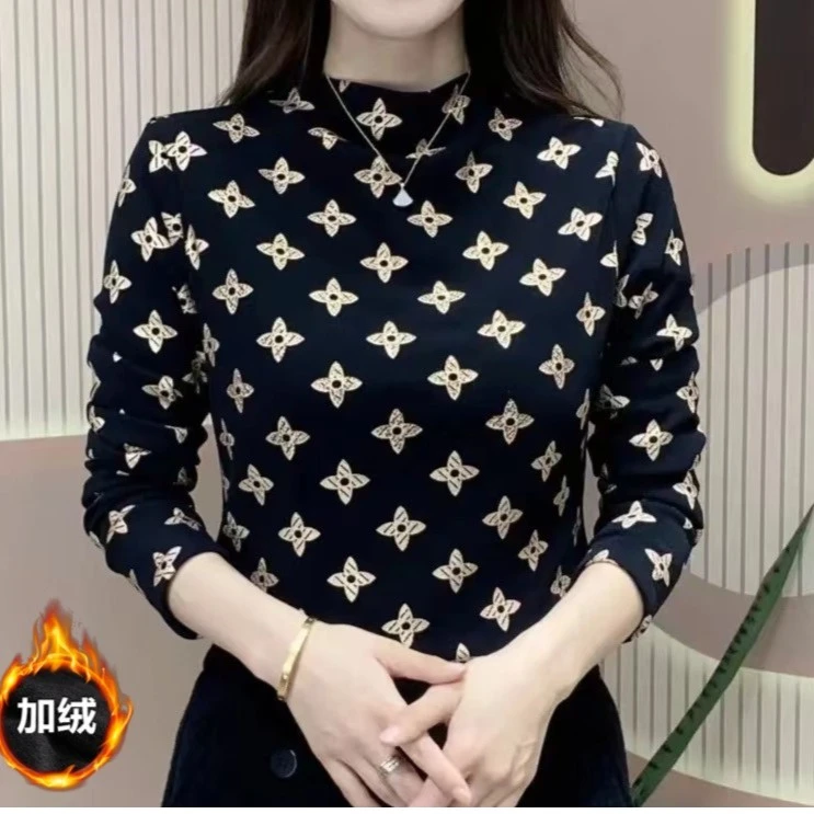 半高领加绒印花打底衫秋冬新款洋气时尚妈妈装弹力显瘦百搭上衣