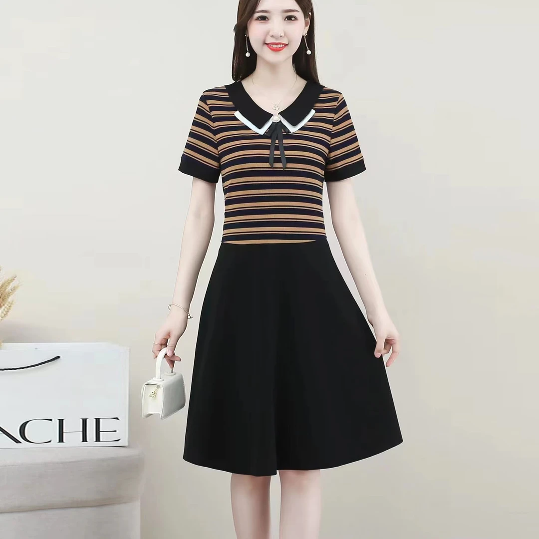 2024夏装新款娃娃领假两件条纹连衣裙小个子妈妈气质修身显瘦裙子