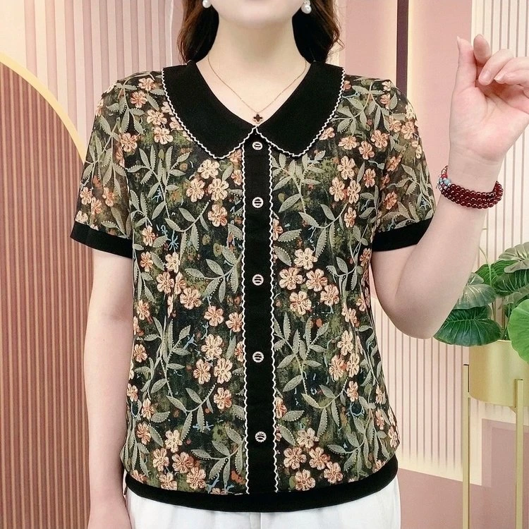 夏季新款弹力网纱小衫洋气中老年娃娃领短袖上衣碎花妈妈装T恤衫