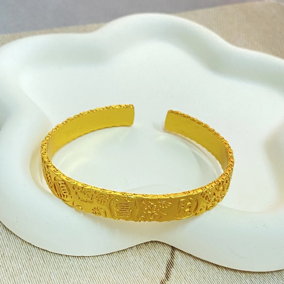 铜合金手链 古法招财纳福开口吉言手镯实心吉祥如意百福可调节