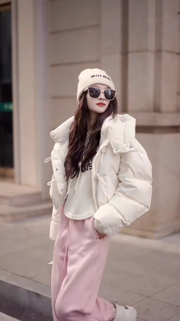 2024短款连帽棉服女冬季时尚宽松百搭加厚保暖外套休闲裤两件套