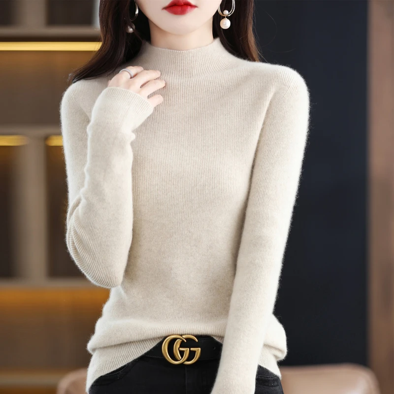 【热卖爆款】长袖针织衫女秋冬显瘦百搭纯色半高领套头针织衫毛衣