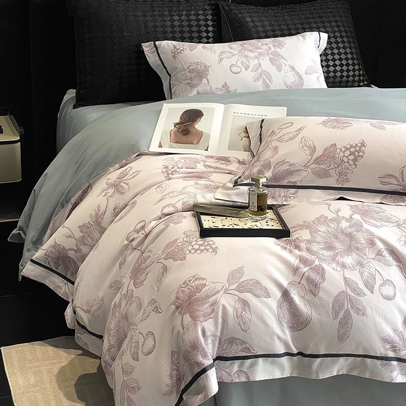 路约威格田园风印花100S全棉磨毛床单四件套纯棉加厚被套保暖床品