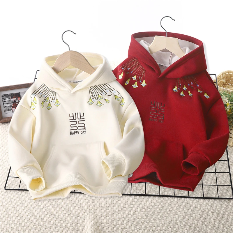 男女童国风冬季连帽重工刺绣宽松加绒一体绒新年服卫衣