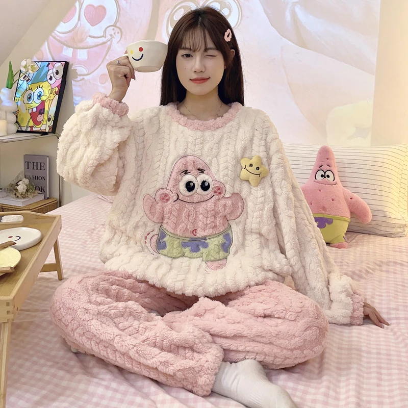 爆款珊瑚绒睡衣长袖女套装新款加绒加厚保暖卡通套头家居服可外穿