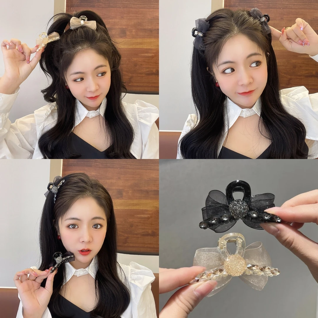 AB双面钻蝴蝶结小号抓夹网纱高马尾爪夹女后脑勺夹子头饰鲨鱼发夹