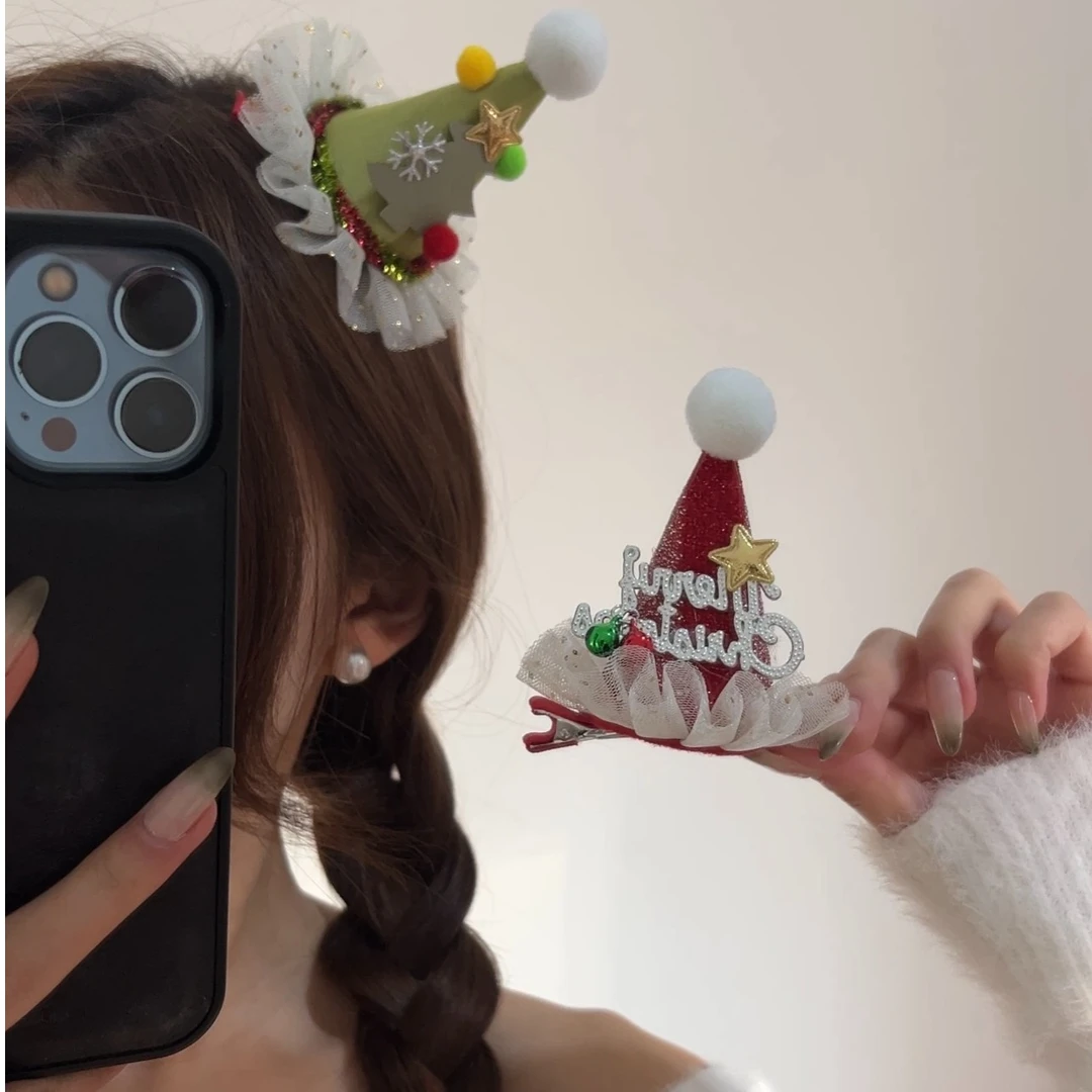 圣诞节红色帽子发夹圣诞蝴蝶结星星头饰女发卡毛绒头箍拍照发夹