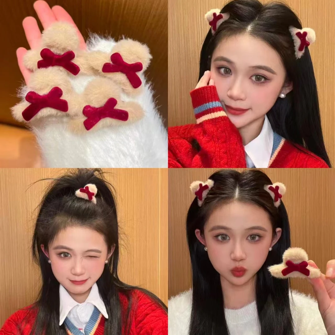 植绒蝴蝶结小抓夹甜美少女毛绒绒可爱发抓ins秋冬气质迷你鲨鱼夹