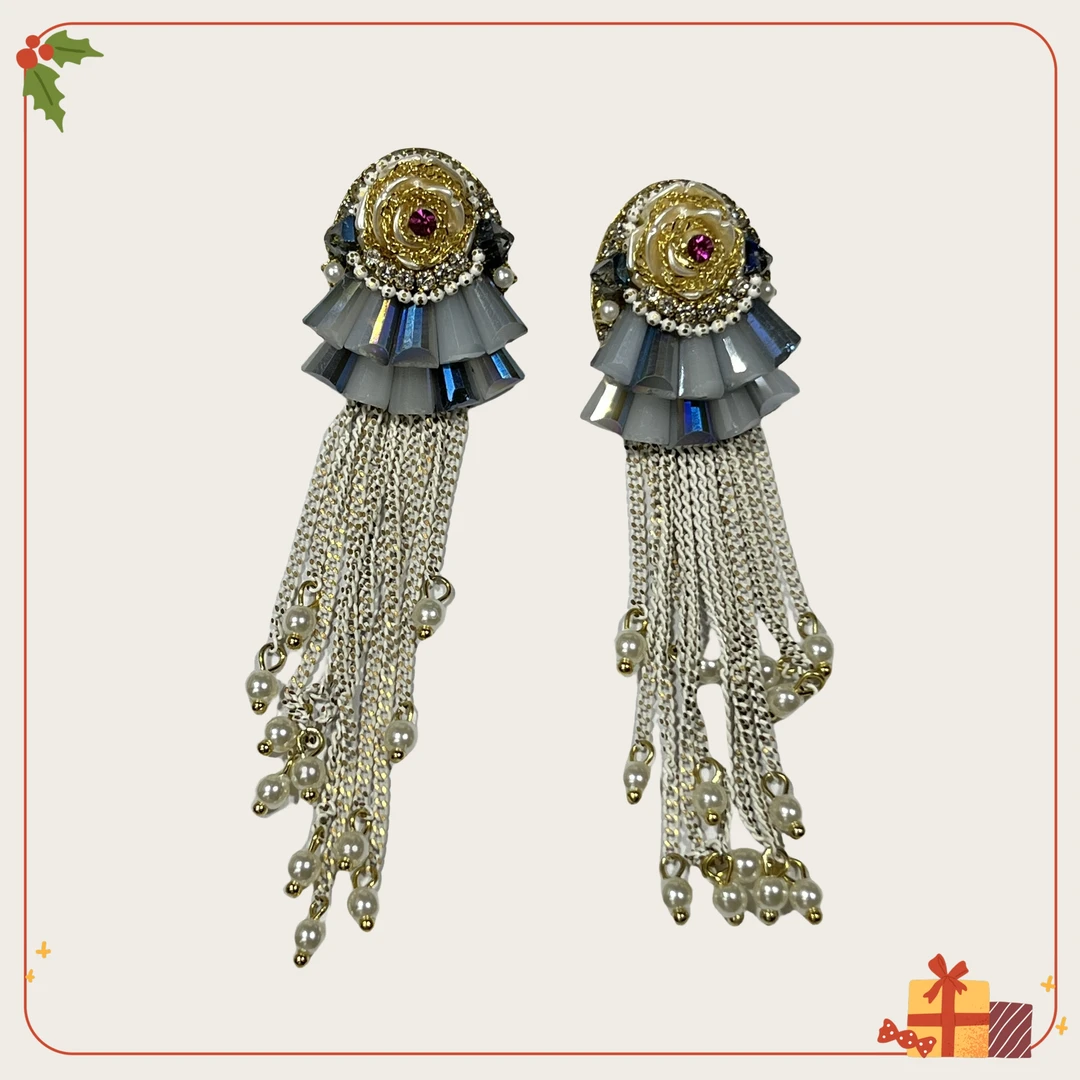 合金仿珍珠耳饰 耳扣气质蓝色时尚古风长款百搭耳环流苏款耳坠