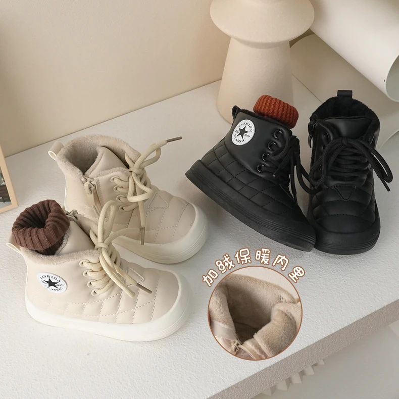 22099秋冬加绒高帮童矮靴烟筒靴菱包女宝男童星星小童