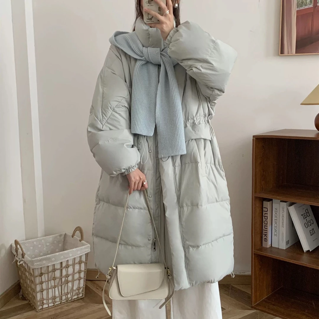 【今喜】鸭绒女长款羽绒服针织披肩帽时尚休闲百搭连帽宽松加厚冬季