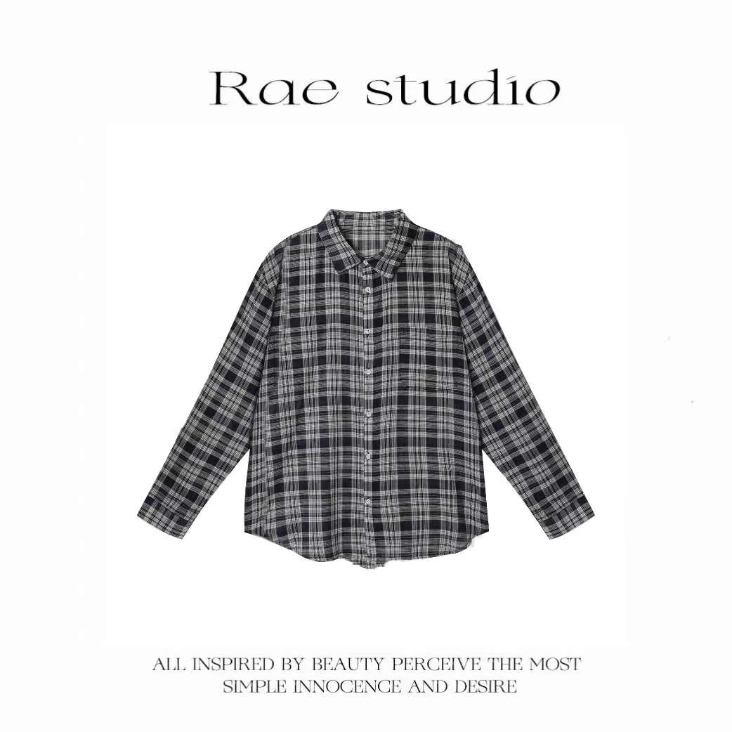 【Rae】韩版复古格纹衬衫长袖休闲百搭r114