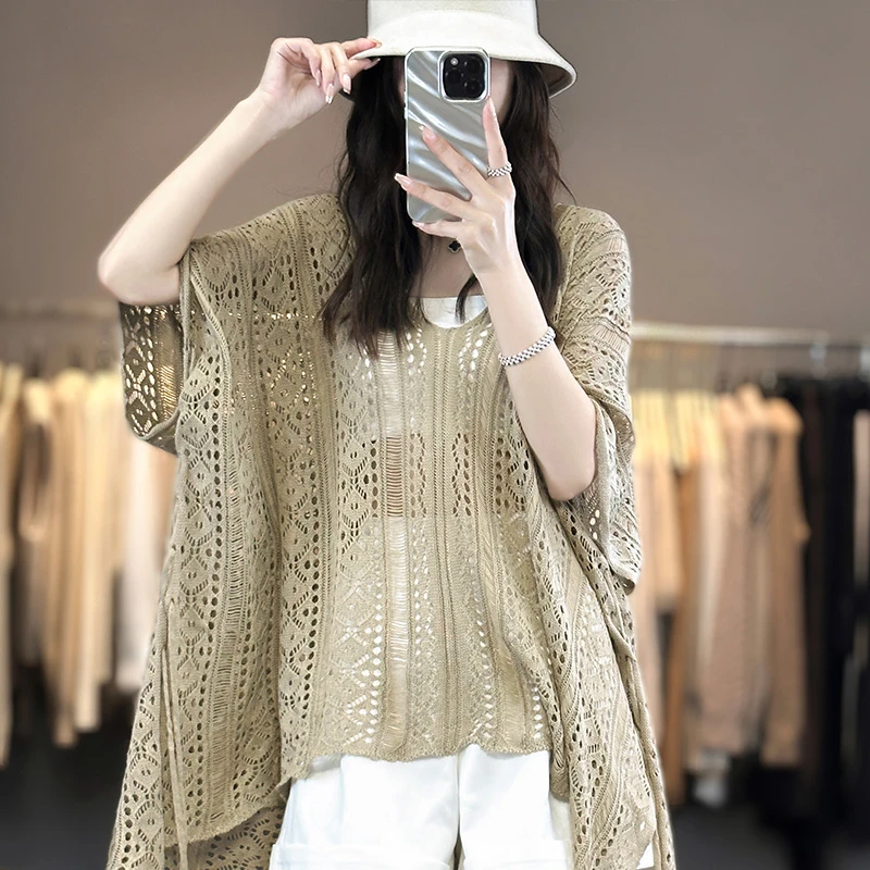 沙滩海边穿搭女夏季大码镂空韩版针织罩衫外穿宽松蝙蝠袖披肩大版