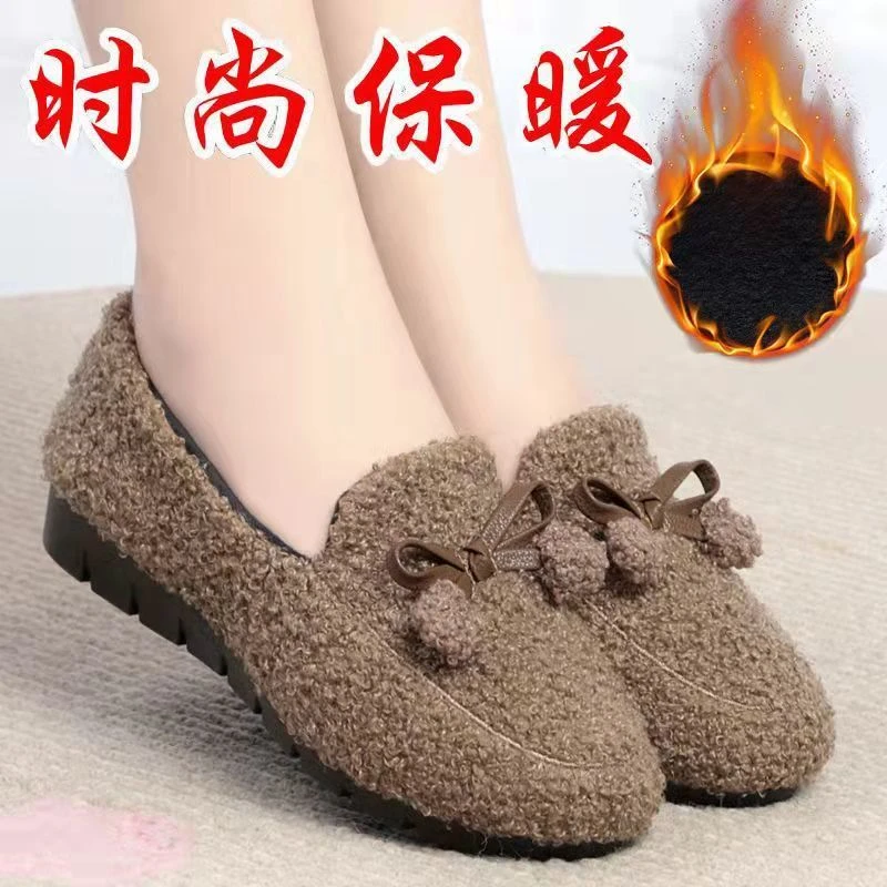 老北京布鞋女豆豆鞋毛毛鞋冬季女鞋平底棉鞋加绒保暖家居拖鞋包跟