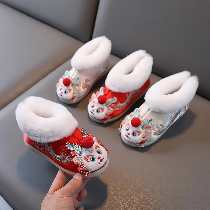 媋曉汉服冬款加绒小童棉鞋加厚女童汉服鞋中国风儿童绣花鞋橡胶底