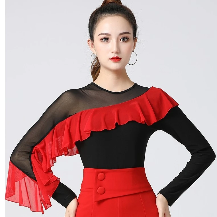 Y64摩登舞吉特巴舞蹈服套装网纱飘逸波浪袖红色中袖上衣女上衣