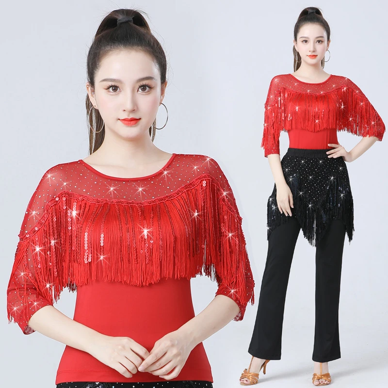 秋季新款拉丁舞上衣女广场跳舞衣国标舞摩登舞服吉特巴亮片舞蹈服