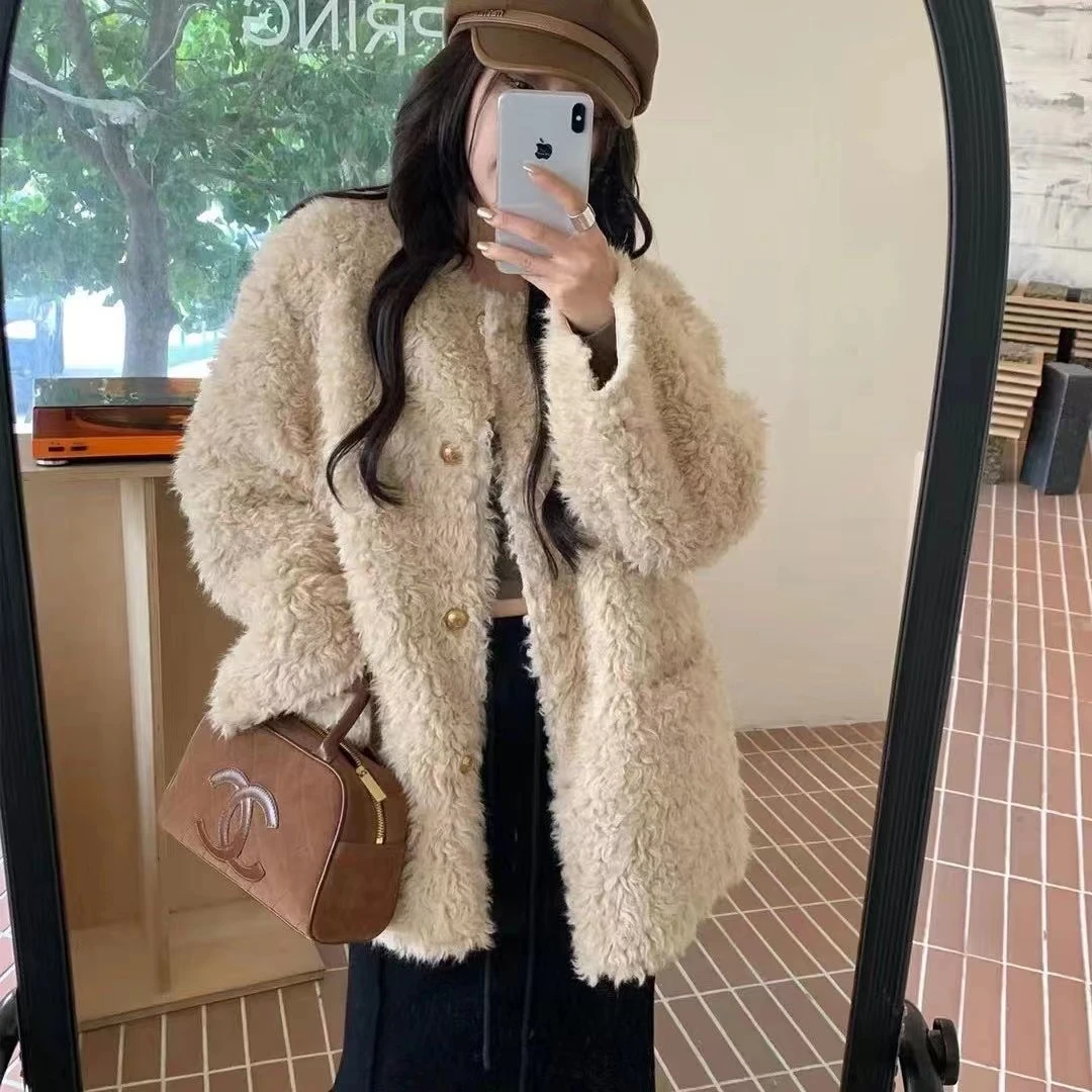 皮毛一体女外套气质时尚百搭毛毛加厚简约冬季设计感洋气宽松开衫