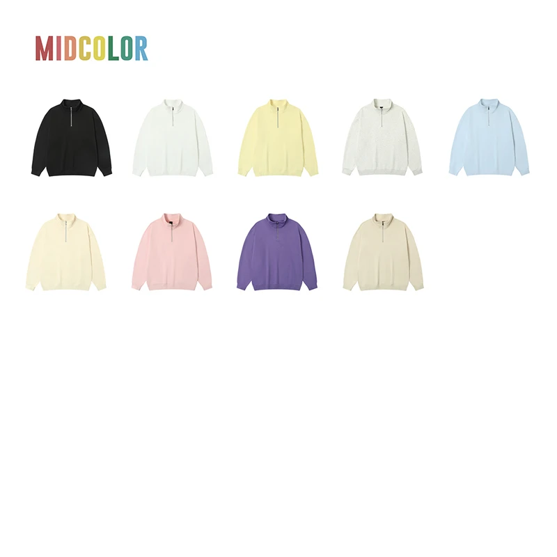 MIDCOLOR潮牌纯色立领重磅卫衣男春秋休闲宽松运动衫半拉链外套女