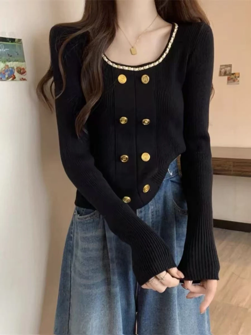 9228#微胖法式高级感针织衫女胖mm显瘦遮肉别致方领打底衫上衣