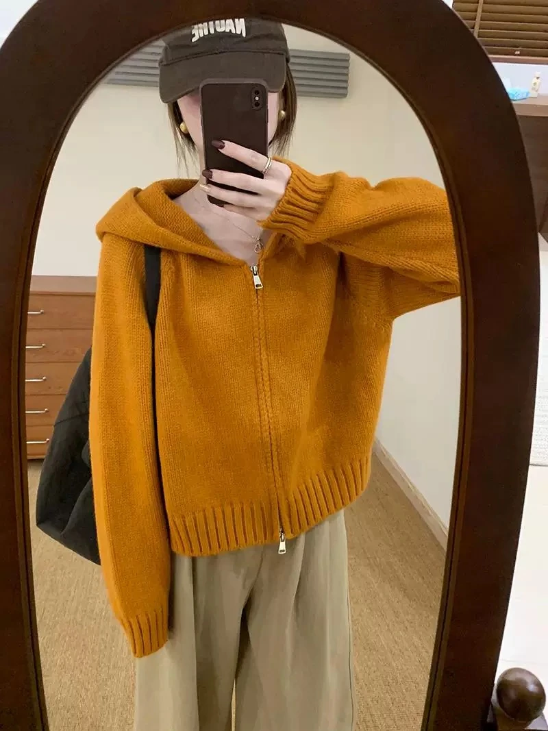 9103#简约风纯色连帽拉链开衫秋新款韩版百搭宽松显瘦针织上衣