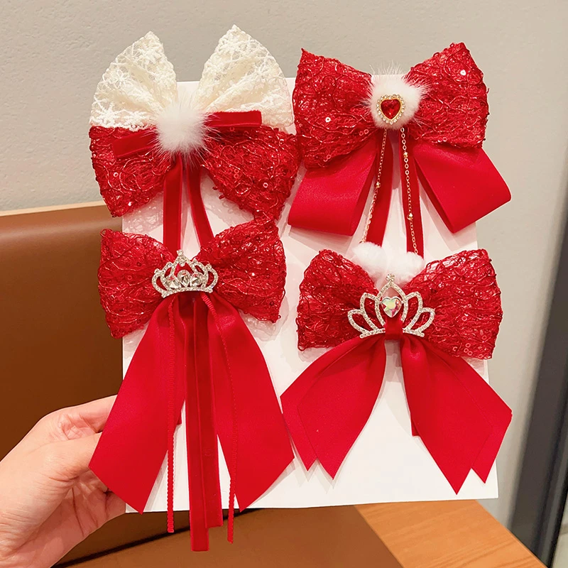 儿童新年发饰红色蝴蝶结发夹头饰小女孩过年喜庆发饰女童宝宝发卡