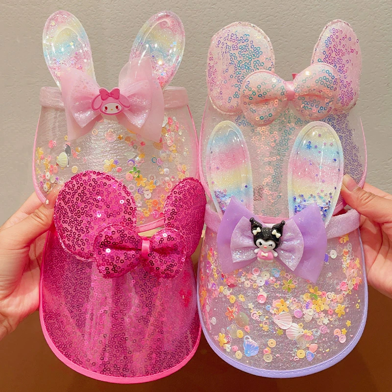 宝宝防晒帽女童卡通亮片遮阳帽可爱兔耳空顶帽防紫外线女孩太阳帽