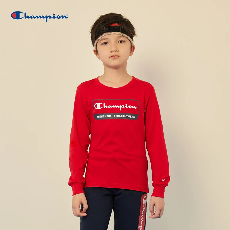 Champion冠军童装T恤秋季新款简约图案男童女童休闲运动长袖T恤