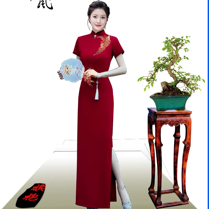 【吉凤】2国气质红色走秀优雅旗袍复古长款中式日常刺绣演出中老年